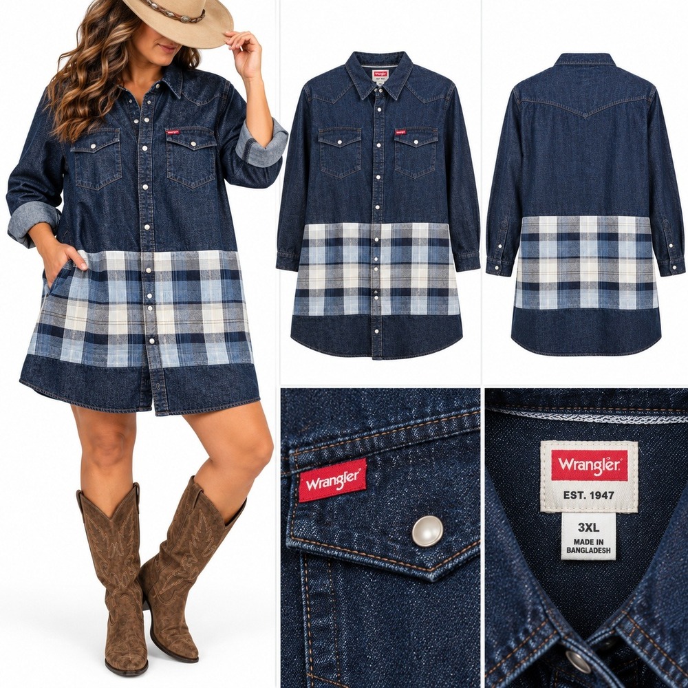 Wrangler Denim Western Midi Dress Women's 3XL Plaid Contrast Long Sleeve